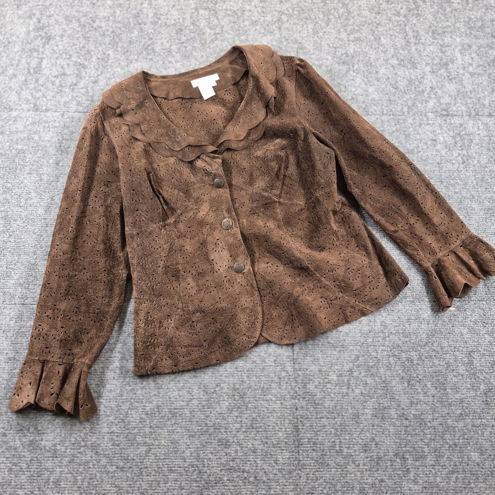 Leather Eyelet | Coldwater Creek Brown Suede Jacket Scalloped Collar Womens PL